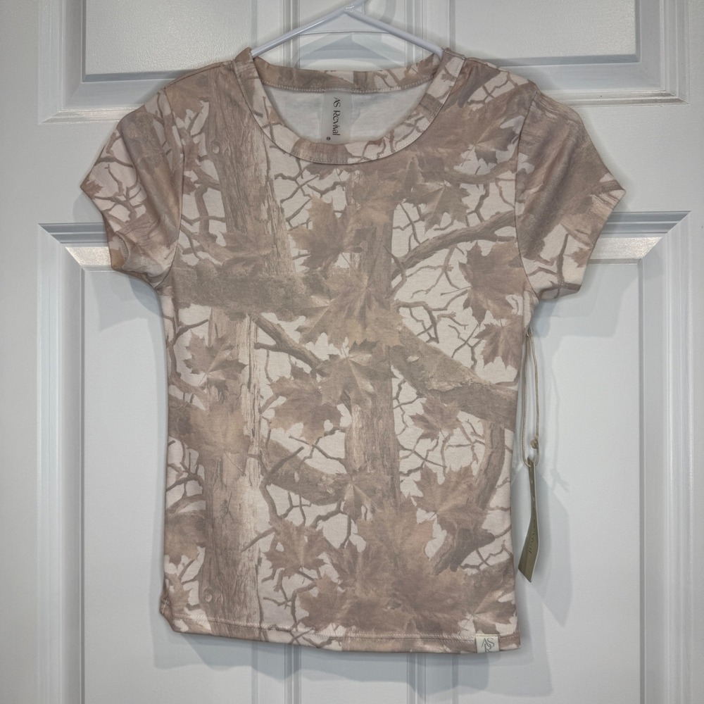 AS Revival Womens Tan Forest Camo Print Short Sleeve Baby Tee Size XS NWT
